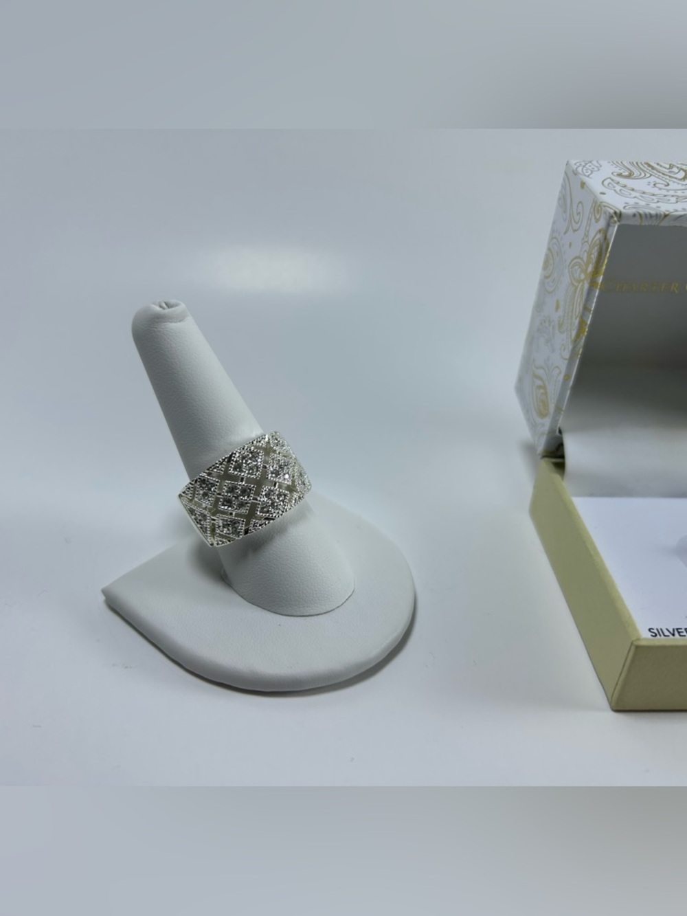 Charter Club Silver Wide Band Ring with Geometric Crystal Accents Silver Size 10